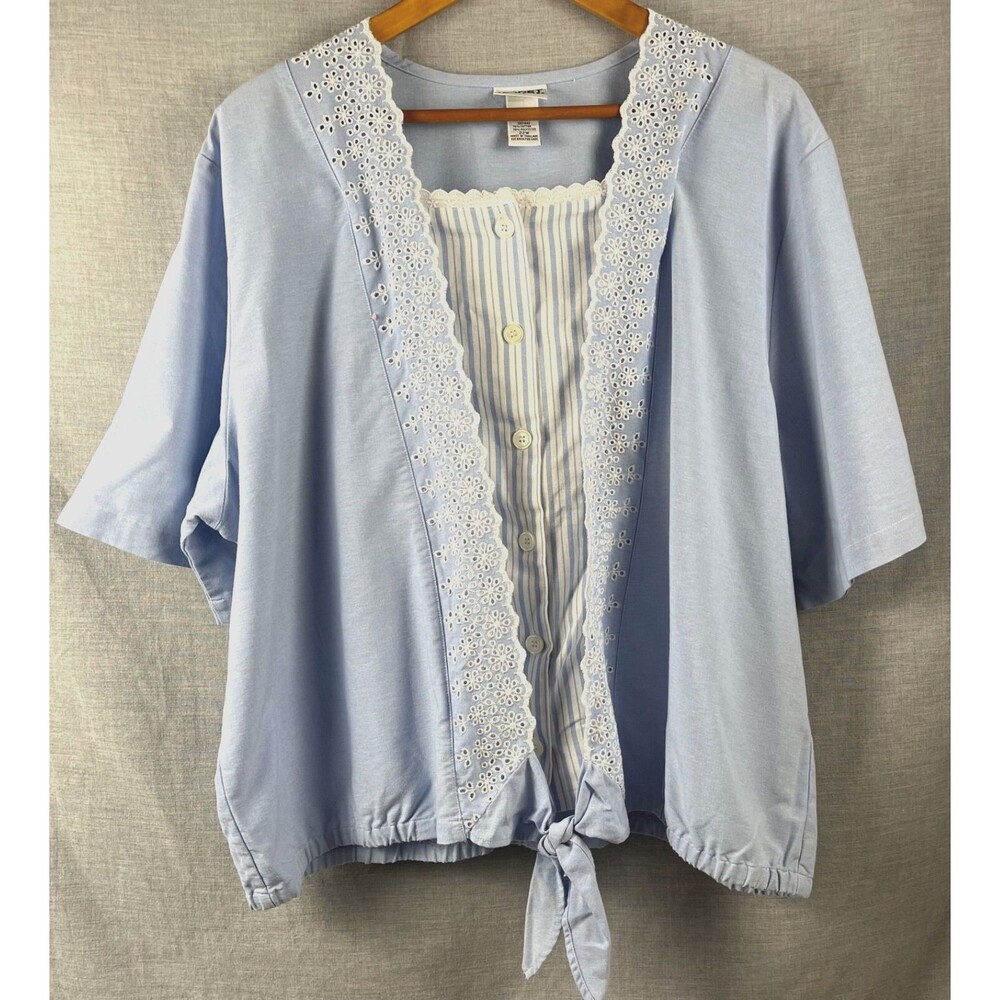 Vtg Koret City Blues Shirt 22W Mock Layered Eyelet Grandma Granny Cottage